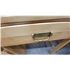 Image 6 : Light Wood Vanity Desk with Three-Drawer Base and Three-Door Hutch, Brass Pull Handles