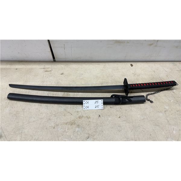 Black & Red Katana-Style Sword with Scabbard & Chain, Not Sharp