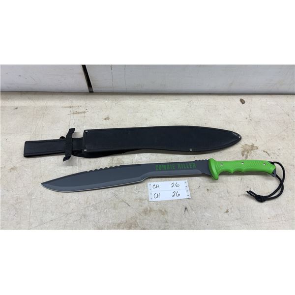 "Zombie Killer" Machete & Sheath, Green Handle, Black Blade, Lanyard