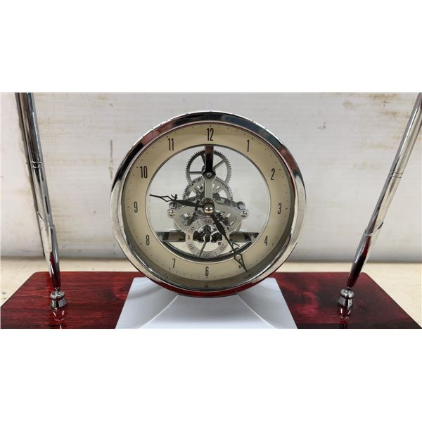 Desk Clock/Pen Set and Shakespeare Tea House w/Tea Bags: Skeleton Dial Clock, Two Chrome Pens