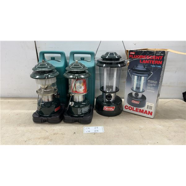 Coleman Lanterns: (2) Lanterns w/Cases & Fluorescent Lantern w/Box