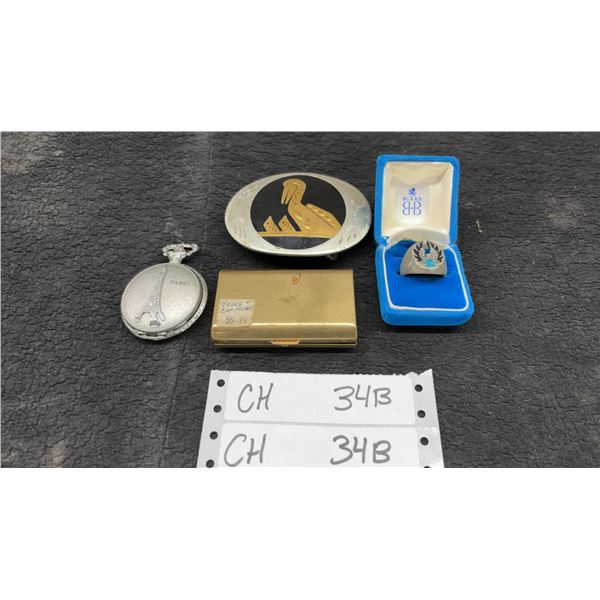 Ring in Box, Paris Pocket Watch, Pelican Belt Buckle, & Pens & Cartridges in Case