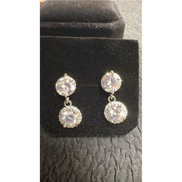 New 925 Sterling Silver 1.5ct and 1.0ct Each Simulated Diamond CZ Halo Dangle Earrings, White Gold