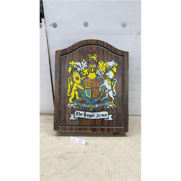 "The Royal Arms" Vintage Wooden Dartboard Cabinet with Dart Board & Darts