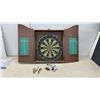 Image 3 : "The Royal Arms" Vintage Wooden Dartboard Cabinet with Dart Board & Darts