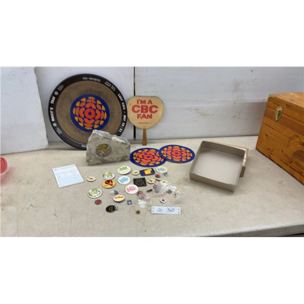 CBC Winnipeg Memorabilia Lot Including 1991 Rolly's Tray, "I'm a CBC Fan" Paddle, Pins and More