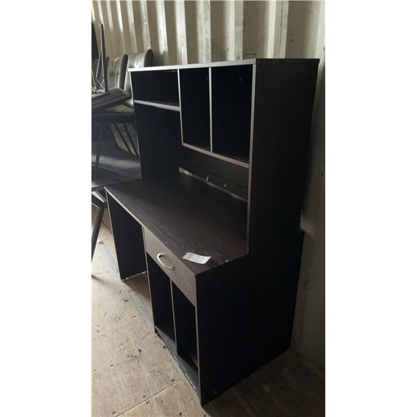 Dark Wood Desk with Hutch, Drawer, & Storage Compartments