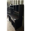 Image 1 : Dark Wood Desk with Hutch, Drawer, & Storage Compartments