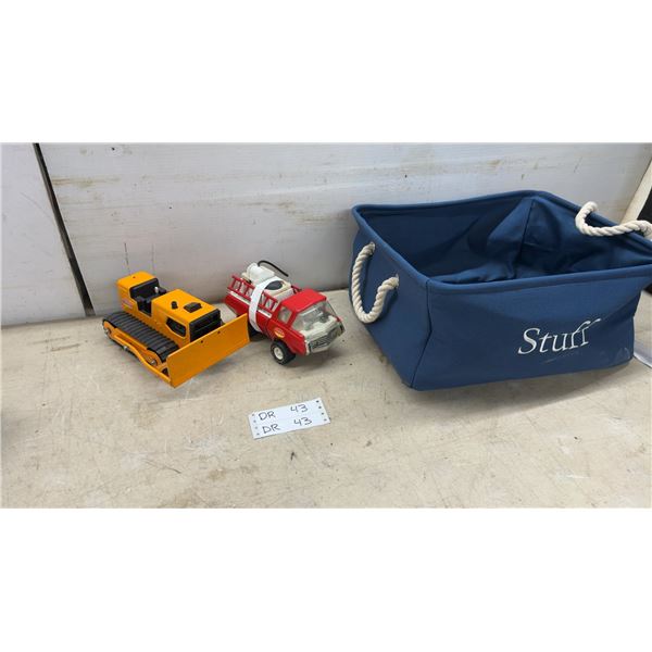 Tonka T-6 Bulldozer & Tonka Fire Truck; "Stuff" Storage Bin