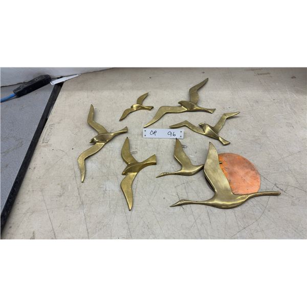 Curtis Jere Vintage Brass Birds in Flight Wall Sculptures With Copper Sun, 1960s-70s