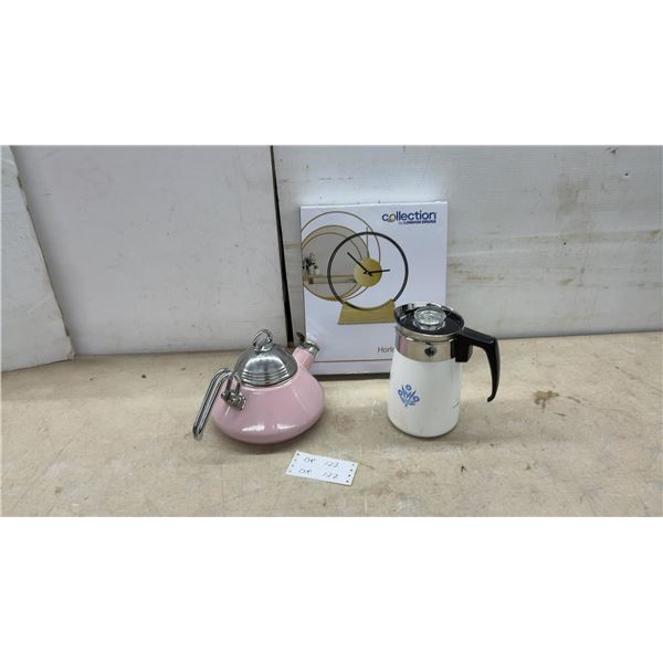 Collection by London Drugs AVA Table Clock, CorningWare Cornflower Percolator and Pink Tea Kettle
