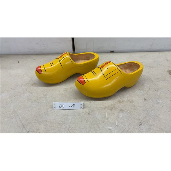 Pair of Yellow Wooden Dutch Clogs (Klompen) with Red Painted Tips and Black Accents