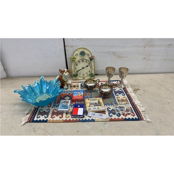 Decorative Rug, 15 x 26" Silver Plated Goblets and Creamer Set, Ceramic Clock, Glass Bowl