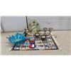 Image 1 : Decorative Rug, 15 x 26" Silver Plated Goblets and Creamer Set, Ceramic Clock, Glass Bowl