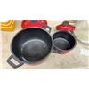 Image 3 : Lot of Assorted Cookware Including Red Pasta Pots with Strainer Lids, Stockpot, Skillet and More