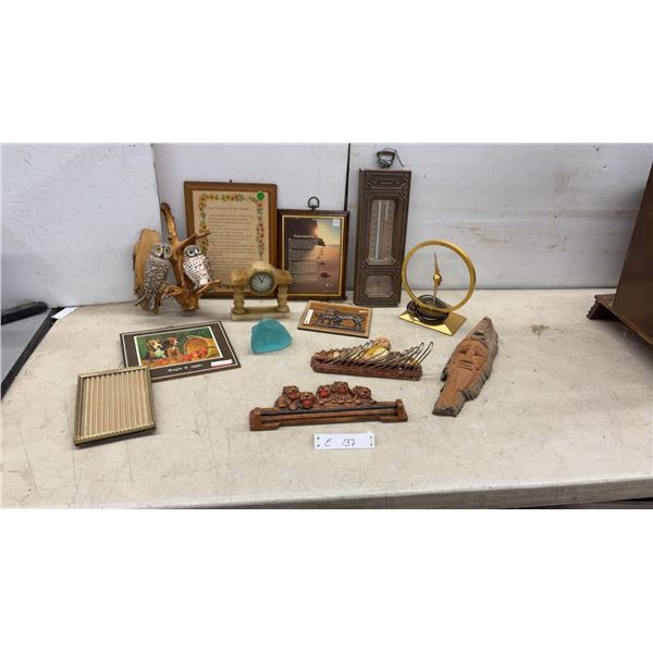 Vintage Jefferson Golden Hour Mystery Clock, Owl Figurines, Thermometer, Wall Plaques and More