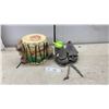 Image 1 : Vintage Canada Souvenir Drum with Fur Trim and Pair of Grey Suede Moccasins, Sole Measures 6"