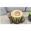 Image 3 : Vintage Canada Souvenir Drum with Fur Trim and Pair of Grey Suede Moccasins, Sole Measures 6"