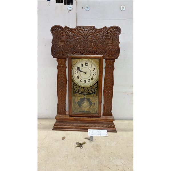 Antique Carved Oak Gingerbread Mantel Clock With Gilt Glass Panel and Keys, 23 x 15 x 4 1/2"
