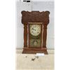 Image 1 : Antique Carved Oak Gingerbread Mantel Clock With Gilt Glass Panel and Keys, 23 x 15 x 4 1/2"