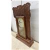 Image 4 : Antique Carved Oak Gingerbread Mantel Clock With Gilt Glass Panel and Keys, 23 x 15 x 4 1/2"