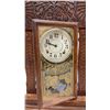 Image 5 : Antique Carved Oak Gingerbread Mantel Clock With Gilt Glass Panel and Keys, 23 x 15 x 4 1/2"