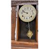 Image 7 : Antique Carved Oak Gingerbread Mantel Clock With Gilt Glass Panel and Keys, 23 x 15 x 4 1/2"