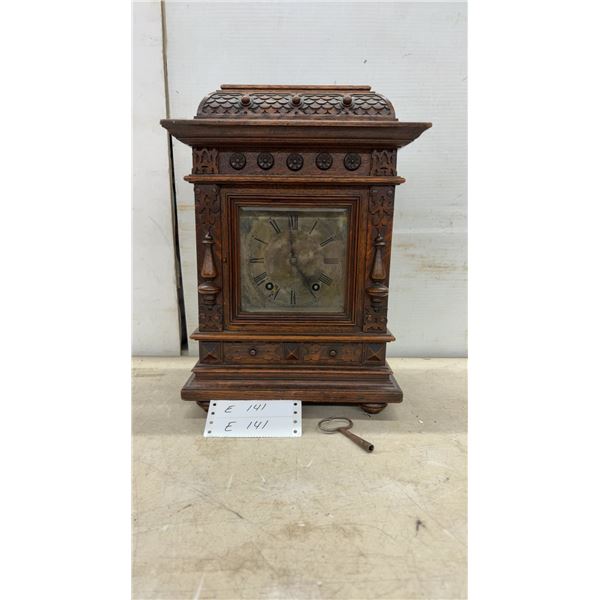 Antique Winterhalder & Hofmeier Carved Oak Bracket Mantel Clock With Key, Circa Late 19th Century