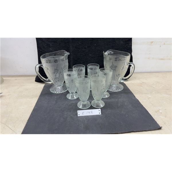 Federal Glass Iris and Herringbone Depression-Era Footed Pitchers and Tumblers, 1928-1932