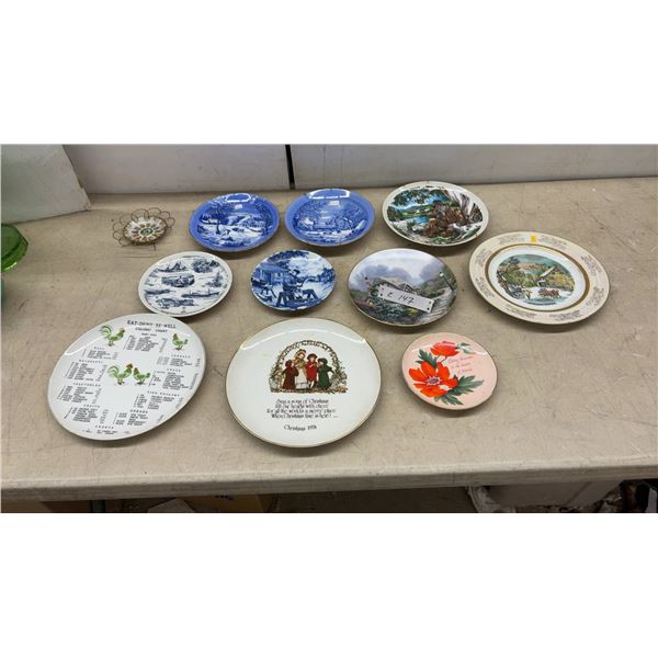 Collection of Decorative Plates Including Currier & Ives, Christmas 1974, and Calorie Chart