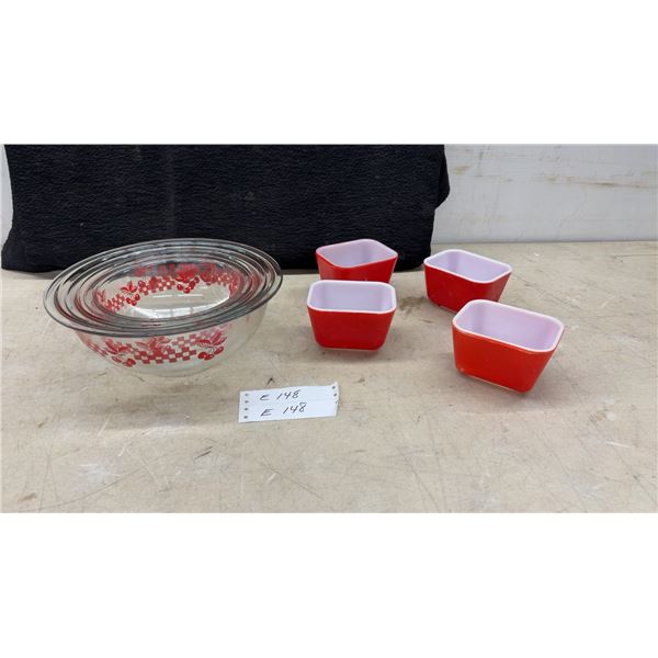 Vintage Pyrex Cherry Pattern Glass Mixing Bowls and Red Square Refrigerator Dishes, 1960s