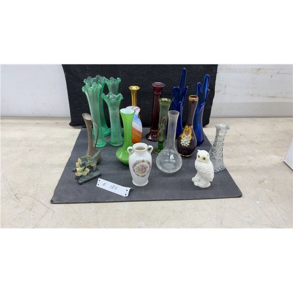 Collection of Decorative Glass Vases, Ceramic Vase, Owl Figurine, Hummingbird Figurine, and More