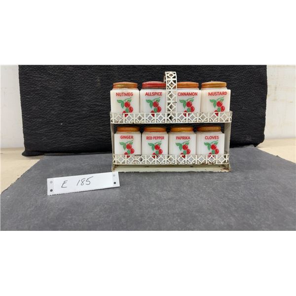 Vintage Hazel-Atlas Milk Glass Spice Jars & Metal Rack, 8-Piece Set