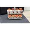 Image 8 : Vintage Hazel-Atlas Milk Glass Spice Jars & Metal Rack, 8-Piece Set