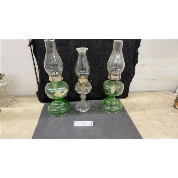 Set of 3 Antique Kerosene Oil Lamps, 2 Green Glass and 1 Clear Glass with Chimneys