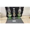 Image 1 : Set of 3 Antique Kerosene Oil Lamps, 2 Green Glass and 1 Clear Glass with Chimneys