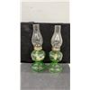 Image 2 : Set of 3 Antique Kerosene Oil Lamps, 2 Green Glass and 1 Clear Glass with Chimneys