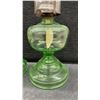 Image 3 : Set of 3 Antique Kerosene Oil Lamps, 2 Green Glass and 1 Clear Glass with Chimneys