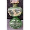 Image 4 : Set of 3 Antique Kerosene Oil Lamps, 2 Green Glass and 1 Clear Glass with Chimneys