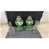 Image 5 : Set of 3 Antique Kerosene Oil Lamps, 2 Green Glass and 1 Clear Glass with Chimneys