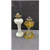 Image 10 : Collection of 7 Oil Lamps: 2 Tall Clear Glass, 1 White Milk Glass, 1 Red, 1 Black, 1 Green