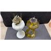 Image 11 : Collection of 7 Oil Lamps: 2 Tall Clear Glass, 1 White Milk Glass, 1 Red, 1 Black, 1 Green
