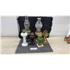 Image 1 : Collection of 7 Oil Lamps: 2 Tall Clear Glass, 1 White Milk Glass, 1 Red, 1 Black, 1 Green