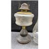 Image 6 : Collection of 7 Oil Lamps: 2 Tall Clear Glass, 1 White Milk Glass, 1 Red, 1 Black, 1 Green