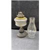 Image 7 : Collection of 7 Oil Lamps: 2 Tall Clear Glass, 1 White Milk Glass, 1 Red, 1 Black, 1 Green