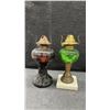 Image 8 : Collection of 7 Oil Lamps: 2 Tall Clear Glass, 1 White Milk Glass, 1 Red, 1 Black, 1 Green