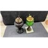 Image 9 : Collection of 7 Oil Lamps: 2 Tall Clear Glass, 1 White Milk Glass, 1 Red, 1 Black, 1 Green