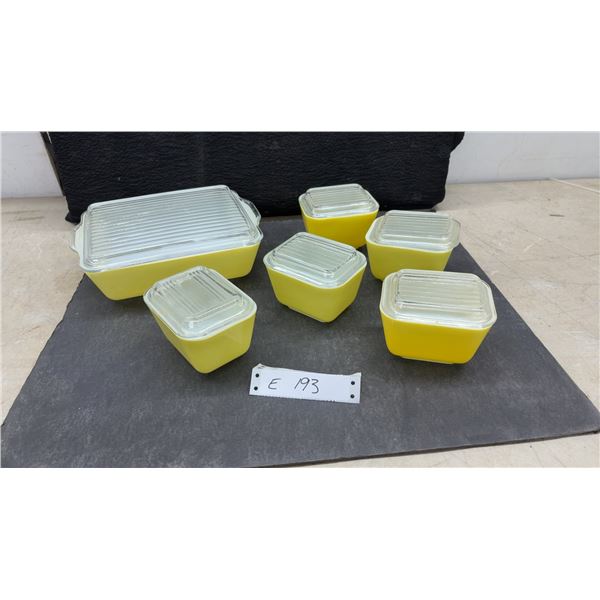 Vintage Pyrex Primary Yellow Refrigerator Dish Set with Ribbed Glass Lids, 6 Pieces