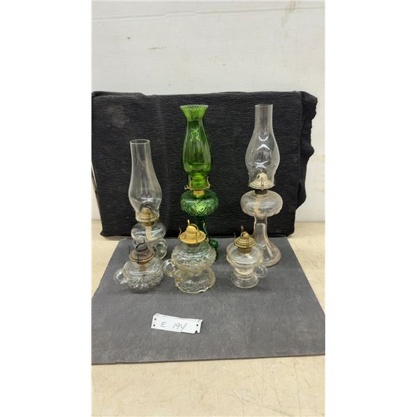 Collection of Six Antique Pressed Glass Kerosene Oil Lamps With Brass Burners