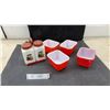 Image 1 : Vintage Tipp Milk Glass Sugar and Flour Shakers with Caddy and Pyrex 501 Red Refrigerator Dishes